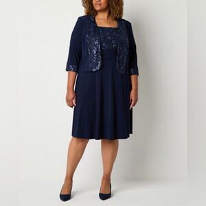 Brianna Milay Womens Navy Blue Beaded Sequined Jacket Dress Set Plus 18 18W NWT